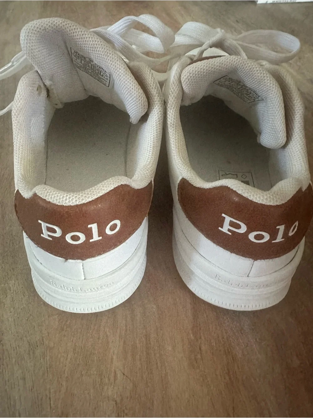 Polo Ralph Lauren Boys White Leather Sneakers Brown Logo Size 1